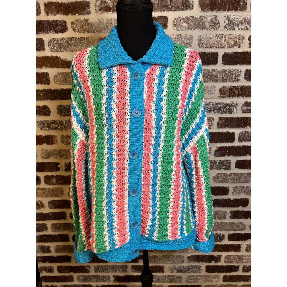 Zara Crochet Chunky Knit Multicolored Striped Collared Cardigan Women's Size M